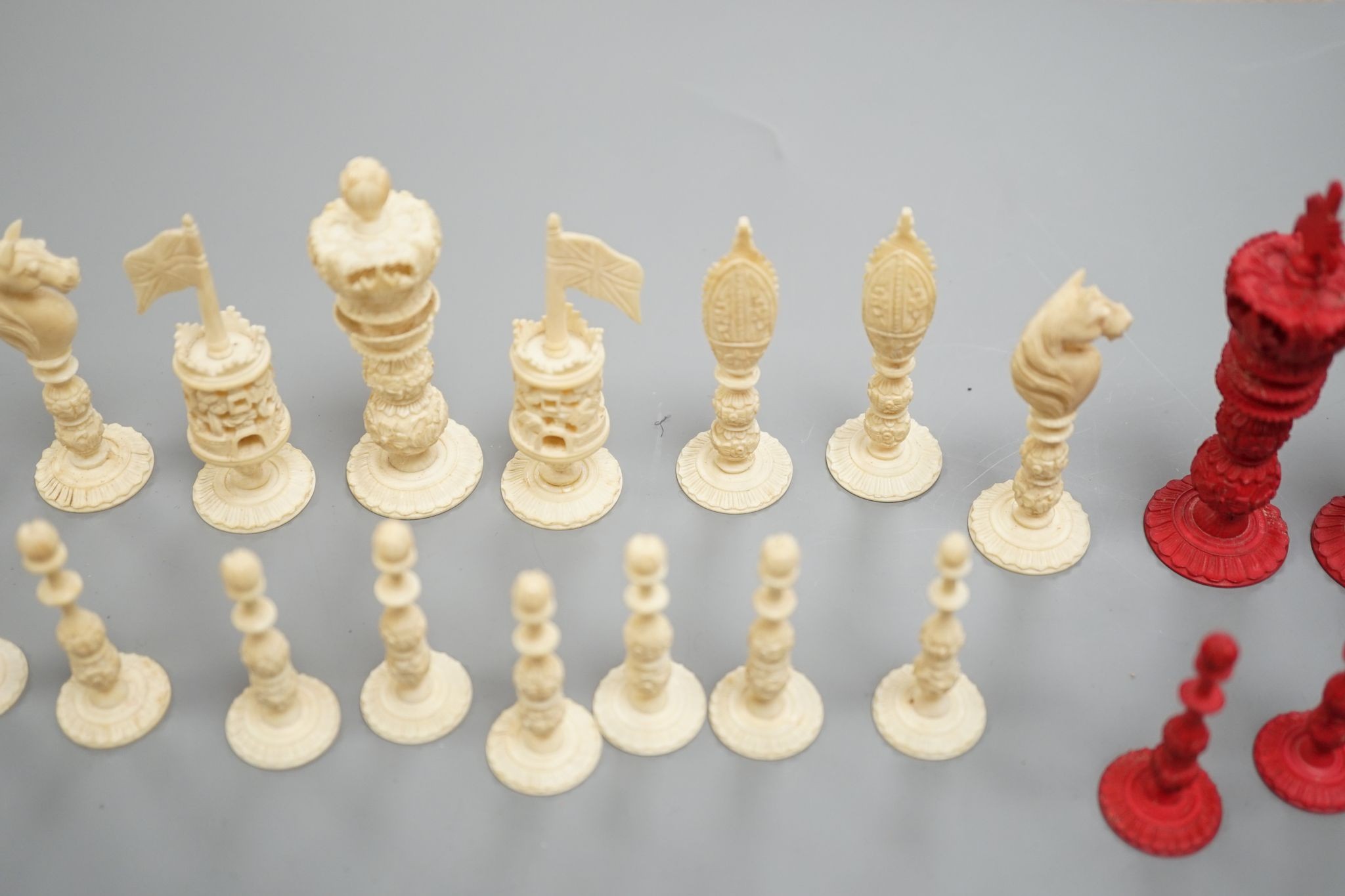 A Cantonese export stained Ivory chess set. King height 8.5cm